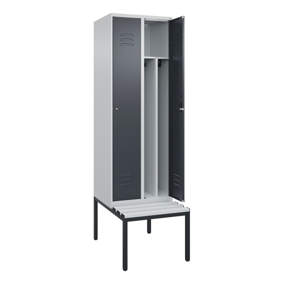 C+P Spind Classic PLUS Sitzbank, 2 Abteile, mittig, lichtgrau / grau, B 600 mm, Zylinderschloss, untergebaut, Kunststoff