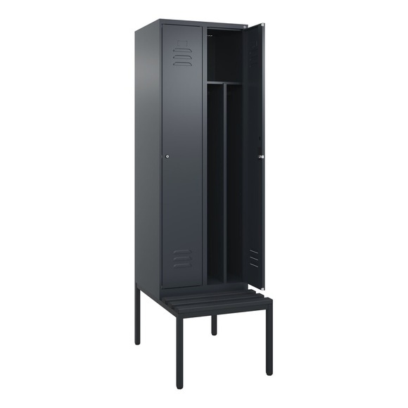C+P Spind Classic PLUS Sitzbank, 2 Abteile, mittig, grau, B 600 mm, Zylinderschloss, untergebaut, Kunststoff