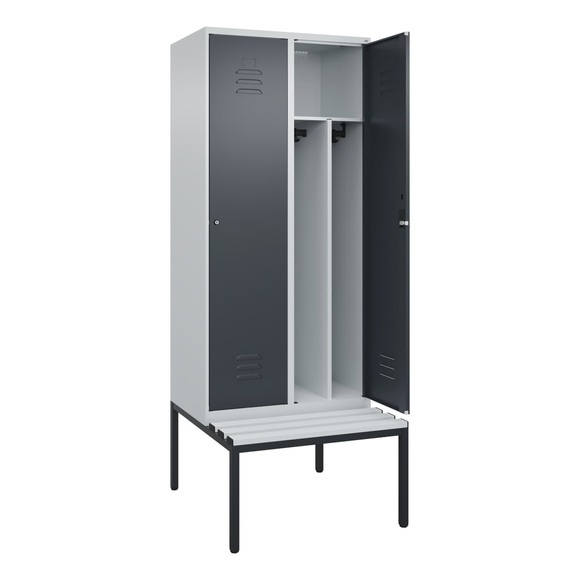 C+P Spind Classic PLUS Sitzbank, 2 Abteile, mittig, lichtgrau / grau, B 800 mm, Zylinderschloss, untergebaut, Kunststoff