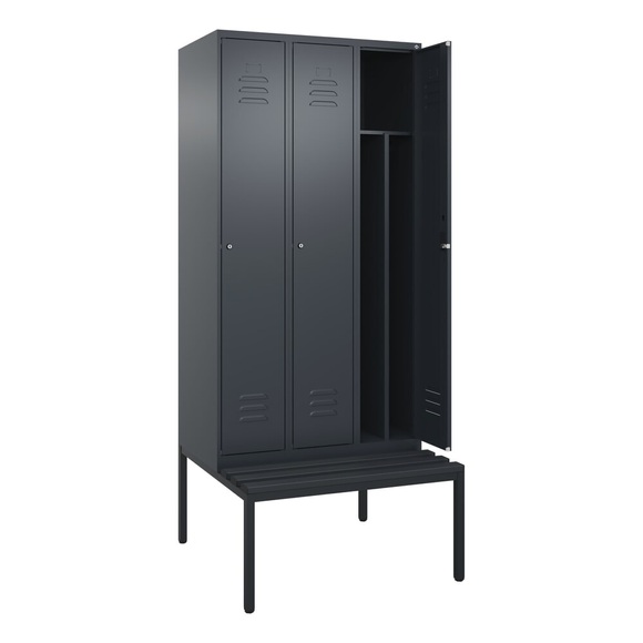 C+P Spind Classic PLUS Sitzbank, 3 Abteile, mittig, grau, B 900 mm, Zylinderschloss, untergebaut, Kunststoff