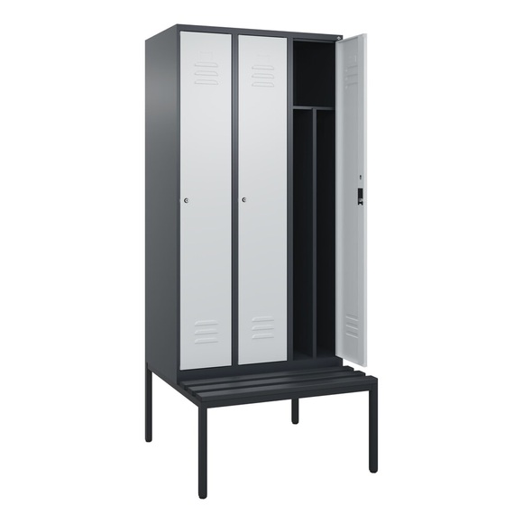 C+P Spind Classic PLUS, 3 Abteile, Trennwand, HxBxT 2.120 x 900 x 815 mm, Zylinderschloss, Trennwand, untergebaute Bank aus Kunststoff, anthrazitgrau, lichtgrau