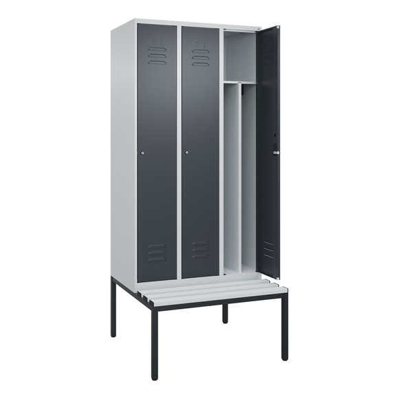 C+P Spind Classic PLUS Sitzbank, 3 Abteile, mittig, lichtgrau / grau, B 900 mm, Zylinderschloss, untergebaut, Kunststoff