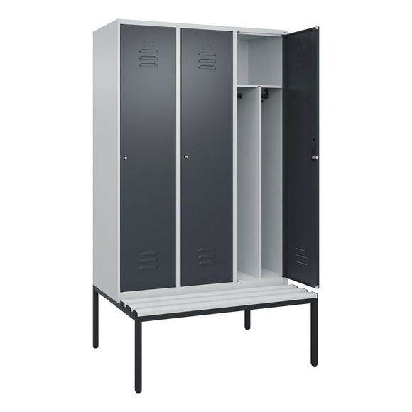 C+P Spind Classic PLUS Sitzbank, 3 Abteile, mittig, lichtgrau / grau, B 1200 mm, Zylinderschloss, untergebaut, Kunststoff