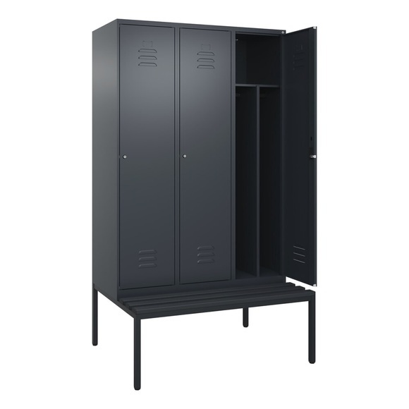 C+P Spind Classic PLUS Sitzbank, 3 Abteile, mittig, grau, B 1200 mm, Zylinderschloss, untergebaut, Kunststoff