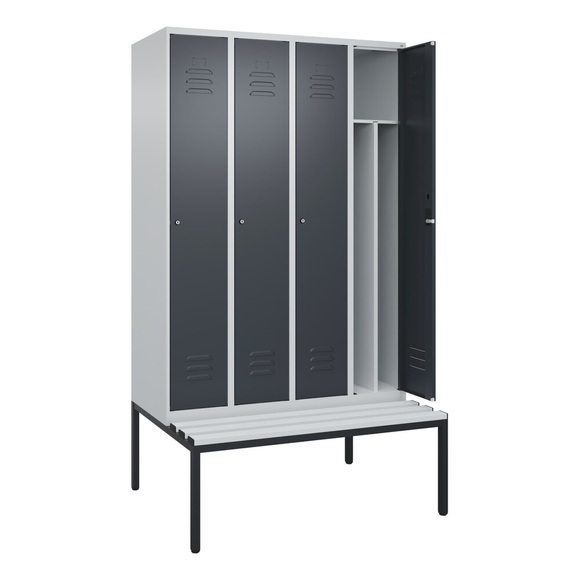C+P Spind Classic PLUS Sitzbank, 4 Abteile, mittig, lichtgrau / grau, B 1200 mm, Zylinderschloss, untergebaut, Kunststoff