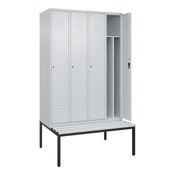 C+P Spind Classic PLUS Sitzbank, 4 Abteile, mittig, lichtgrau, B 1200 mm, Zylinderschloss, untergebaut, Kunststoff