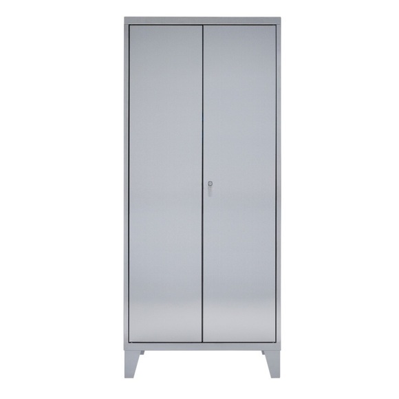 Reinsch Putzmittelschrank aus Edelstahl, 2-flügelig, 4 Einlegeböden, HxBxT 1.850 x 800 x 500 mm, Füsse