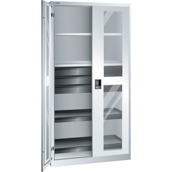 Lista Sichtfensterschrank, HxBxT 1950 x 1000 x 580 mm mit 2 Fachböden, 2 Auszugböden und 3 Schubladen lichtgrau