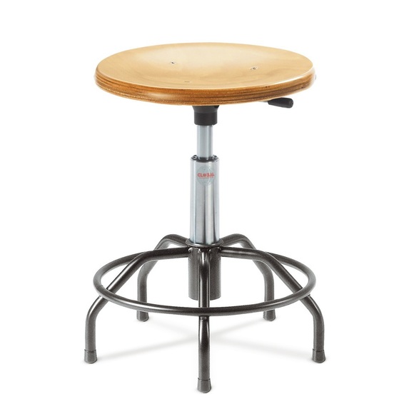 Hocker, Holzformsitz Ø 430 mm, Sitzhöhe 540-730 mm, Stahlbasis, Fussring, Spider-Form