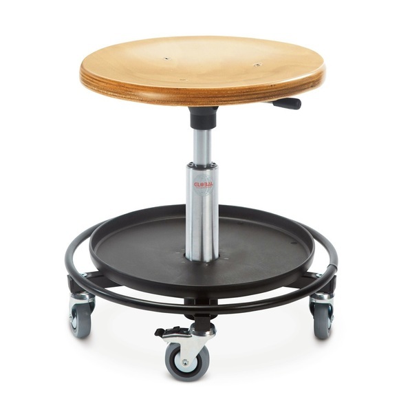 Hocker, Holzformsitz Ø 480 mm, Sitzhöhe 460-650 mm, Stahlbasis, Fussring mit Ablage