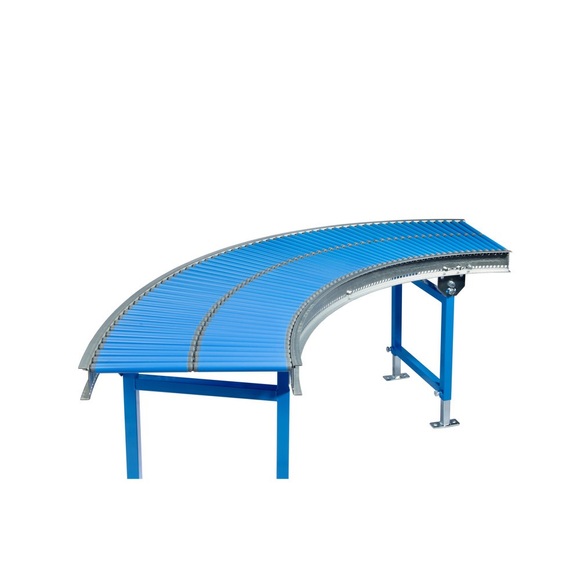 Klein-Rollenbahn, Kunststoffrollen, 90° Kurve, Federachse, Ø 20 mm, Breite 400 mm