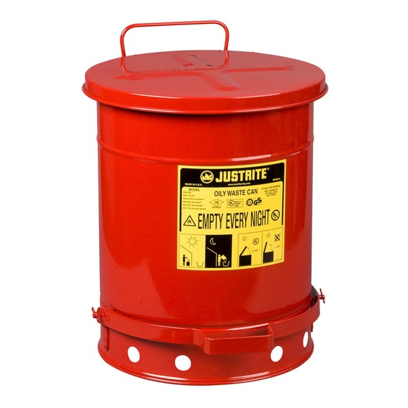 Justrite Werkbank-Sammelbehälter, Fusspedal, rot, 34 Liter