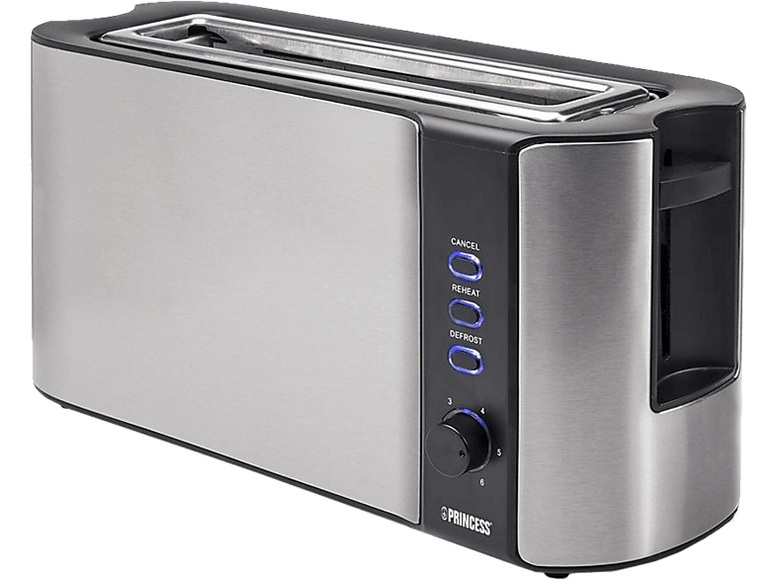 Princess Langschlitztoaster mit eingebautem Brötchenaufsatz Edelstahl, Schwarz
