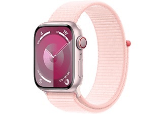 APPLE Watch Series 9 (GPS + Cellular, Alu) 41 mm - Smartwatch (Stufenlos verstellbar, Textil (Carbon Neutral), Rosé/Hellrosa)