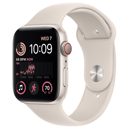 APPLE Watch SE (2. Generation, GPS + Cellular) 44 mm - Smartwatch (Regular 140 - 210 mm, Fluorelastomer, Aluminum/Starlight)