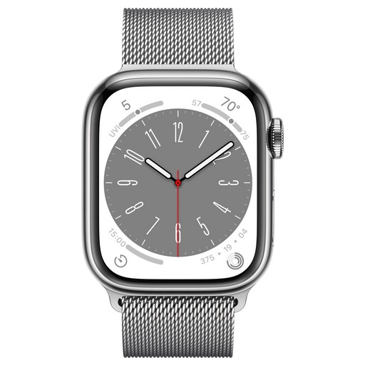 APPLE Watch Series 8 (GPS + Cellular) 45 mm - Smartwatch (Regular 140 - 220 mm, Edelstahlgeflecht, Silver Stainless Steel/Silver Milanese)