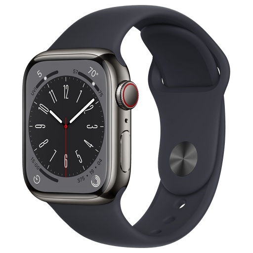 APPLE Watch Series 8 (GPS + Cellular) 45 mm - Smartwatch (Regular 140 - 220 mm, Fluorelastomer, Graphite Stainless Steel/Midnight)