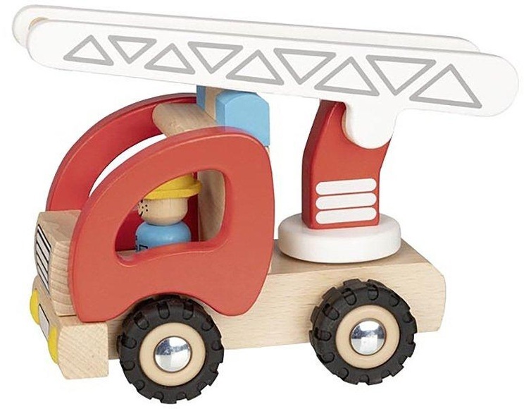 Goki 55789 - Feuerwehr Leiterwagen, mit Feuerwehrmann-Figur, Holz