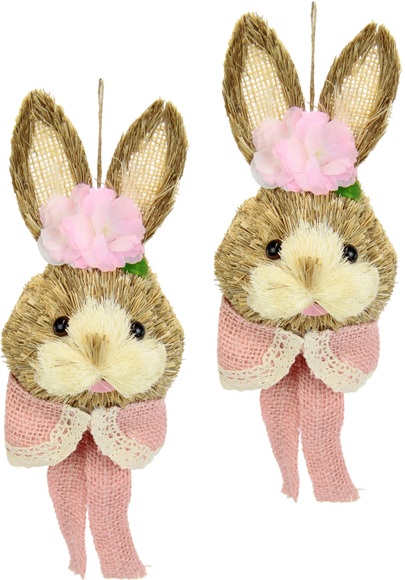 I.GE.A. Osterhase »Bast-Hasenkopf mit Blume, Frühlingsdeko«, (Set, 2 St.), Osterdeko zum Aufhängen, Dekofigur, Wanddeko