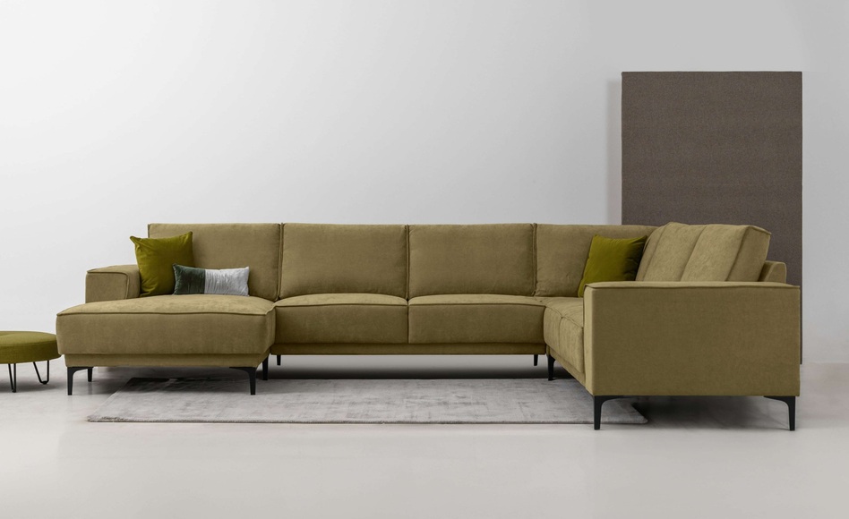 Places of Style Wohnlandschaft »XXL Sofa Oland, Struktur, Flachgewebe, Luxus-Microfaser, Boucle«, U-Form, 342 cm, Wellenunterfederung, Skandi-Design, Metallfüsse