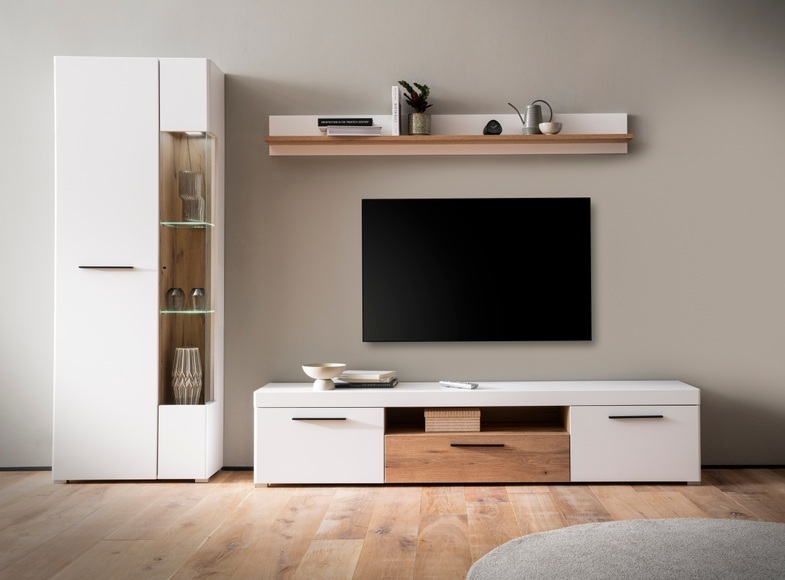 INOSIGN Wohnwand »Salerno, moderne Anbauwand, Wohnzimmer-Set, Weiss mit Eiche Evoke Dekor«, (Set, 3 St.), enthält Vitrine, Lowboard + Wandboard, Metallgriffe, 287 cm breit