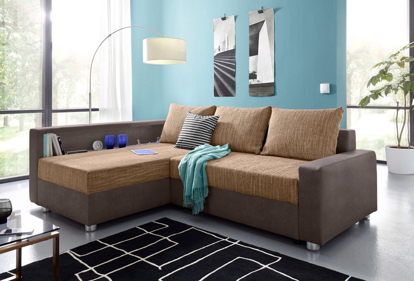 COLLECTION AB Ecksofa, inklusive Bettfunktion, Bettkasten und Federkern, wahlweise mit RGB-LED-Beleuchtung und USB-Port, Inklusive seitlichem Regalboden, Ottomane links oder rechts montierbar