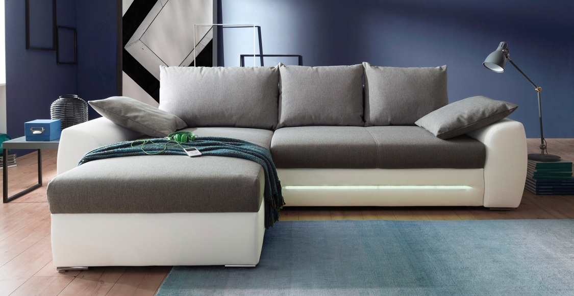 Jockenhöfer Gruppe Ecksofa, inklusive LED-Beleuchtung, mit Bettfunktion und Bettkasten, Recamiere links oder rechts montierbar, inklusive loser Kissen, frei im Raum stellbar