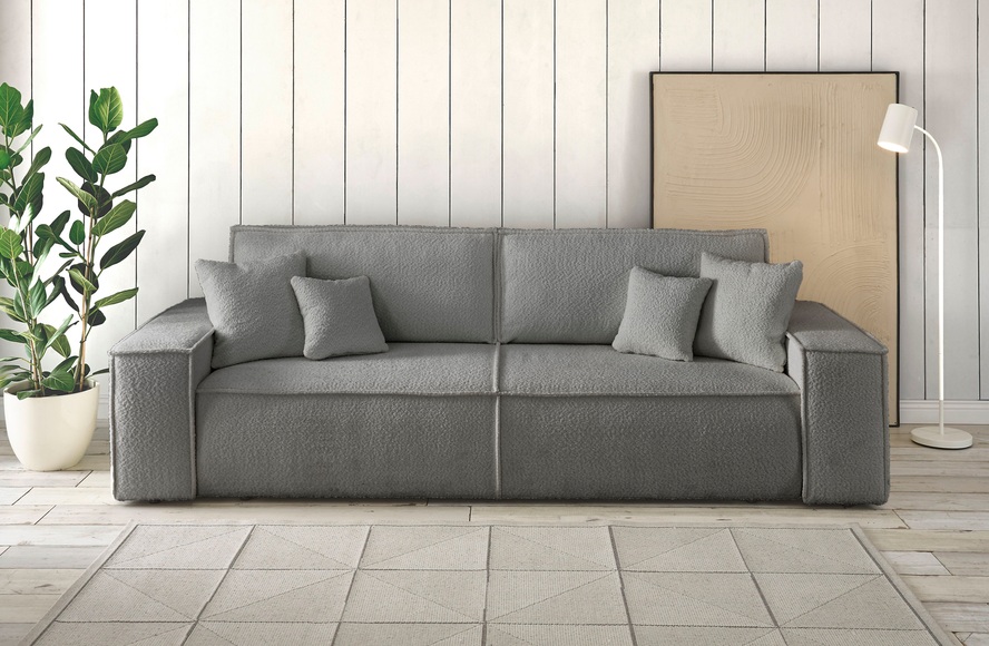 Home affaire 2-Sitzer »CHAMBORD«, Nachts: Schlafsofa (Liegefläche 200x136 cm) mit Bettkasten, tagsüber chilliges 3-Sitzer-Sofa mit 2 losen Rückenkissen und Zierkissen gratis, weicher Boucle-Stoff aus 90% recycelten Fasern!