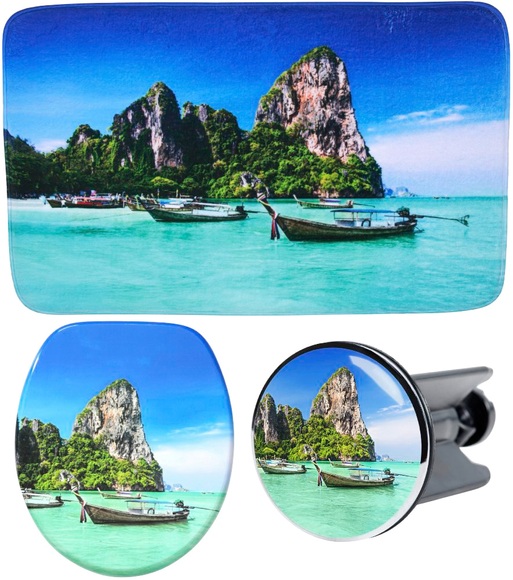 Sanilo Badaccessoires-Sets »Thailand«, (Komplett-Set, 3 tlg.), bestehend aus WC-Sitz, Badteppich und Waschbeckenstöpsel