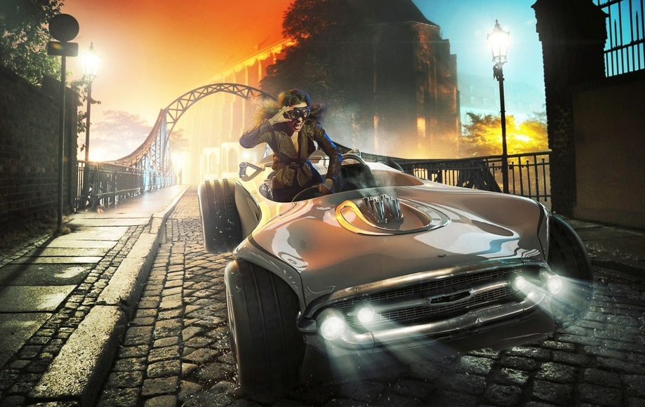 Papermoon Fototapete »RETRO AUTO-ALTSTADT FANTASIE VINTAGE SPORT RACING XXL«, Vliestapete, hochwertiger Digitaldruck, inklusive Kleister