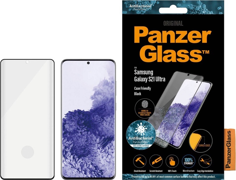 PanzerGlass - Samsung Galaxy S21 Ultra 5G Antibakterielle Panzer Glas Display Schutzfolie Case Friendly mit Rahmen 0.3mm (7258) - Schwarz