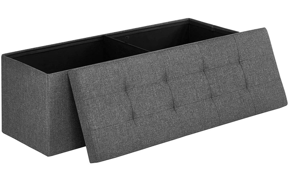 Songmics - Sitzbank mit Stauraum, Sitztruhe, Aufbewahrungsbox, faltbar, max. statische Belastbarkeit 300 kg, mit Trenngitter aus Metall, 120 L, 110 x 38 x 38 cm, Leinenimitat, dunkelgrau LSF77K