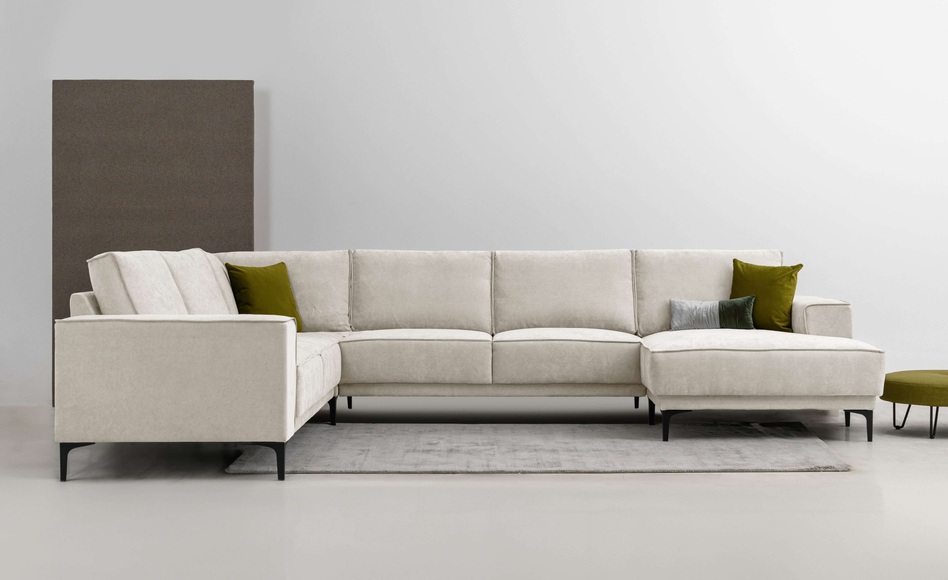 Places of Style Wohnlandschaft »XXL Sofa Oland, Struktur, Flachgewebe, Luxus-Microfaser, Boucle«, U-Form, 342 cm, Wellenunterfederung, Skandi-Design, Metallfüsse