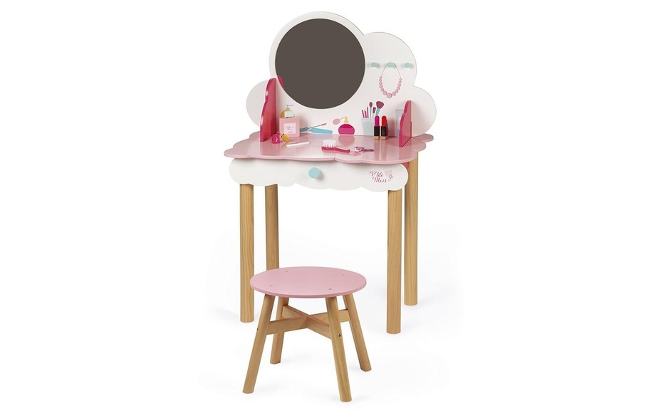 Janod Schmink-und Frisiertisch LITTLE MISS mit Hocker und Zubehör in rosa/weiß