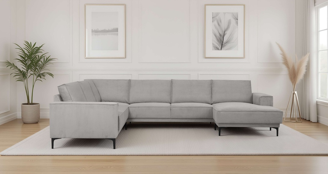 PLACES OF STYLE Wohnlandschaft »XXL Sofa Oland, Struktur, Flachgewebe, Luxus-Microfaser, Boucle« U-Form, 342 cm, Wellenunterfederung, Skandi-Design, Metallfüsse
