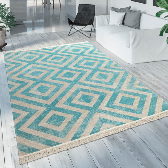 Paco Home Teppich »Poco 821«, rechteckig, 7 mm Höhe, Kurzflor, Rauten Design, mit Fransen, In- und Outdoor geeignet, ideal im Wohnzimmer & Schlafzimmer