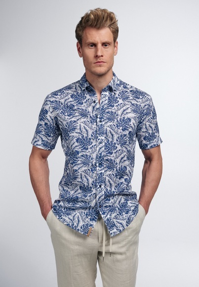 ETERNA KURZARM HEMD SLIM FIT UPCYCLING SHIRT LEINEN BLAU/WEISS