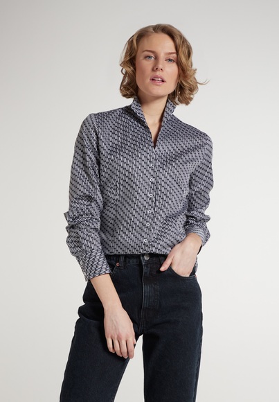 ETERNA LANGARM BLUSE MODERN CLASSIC SATINBINDUNG MARINE/WEISS BEDRUCKT