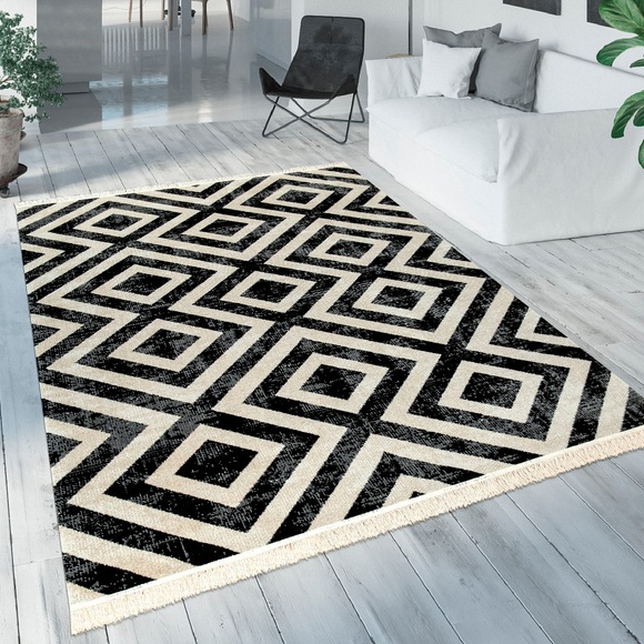 Paco Home Teppich »Poco 821«, rechteckig, 7 mm Höhe, Kurzflor, Rauten Design, mit Fransen, In- und Outdoor geeignet, ideal im Wohnzimmer & Schlafzimmer