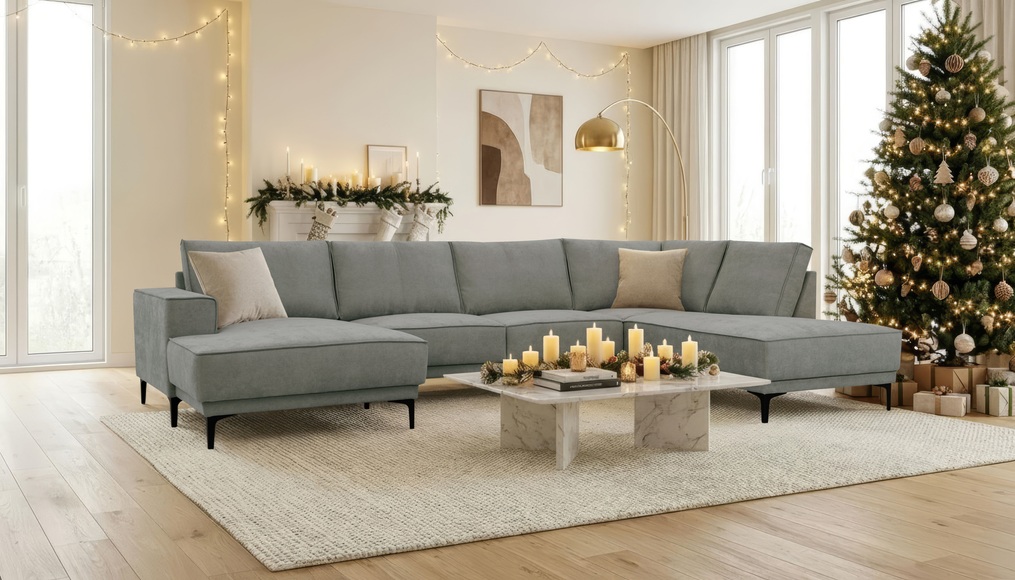 Places of Style Wohnlandschaft »XXL Sofa Oland, Struktur, Flachgewebe, Luxus-Microfaser, Boucle«, U-Form, 345 cm, Wellenunterfederung, Skandi-Design, Metallfüsse