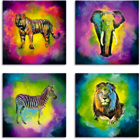 Artland Leinwandbild »Farbexplosion Elefant Löwe Zebra Tiger«