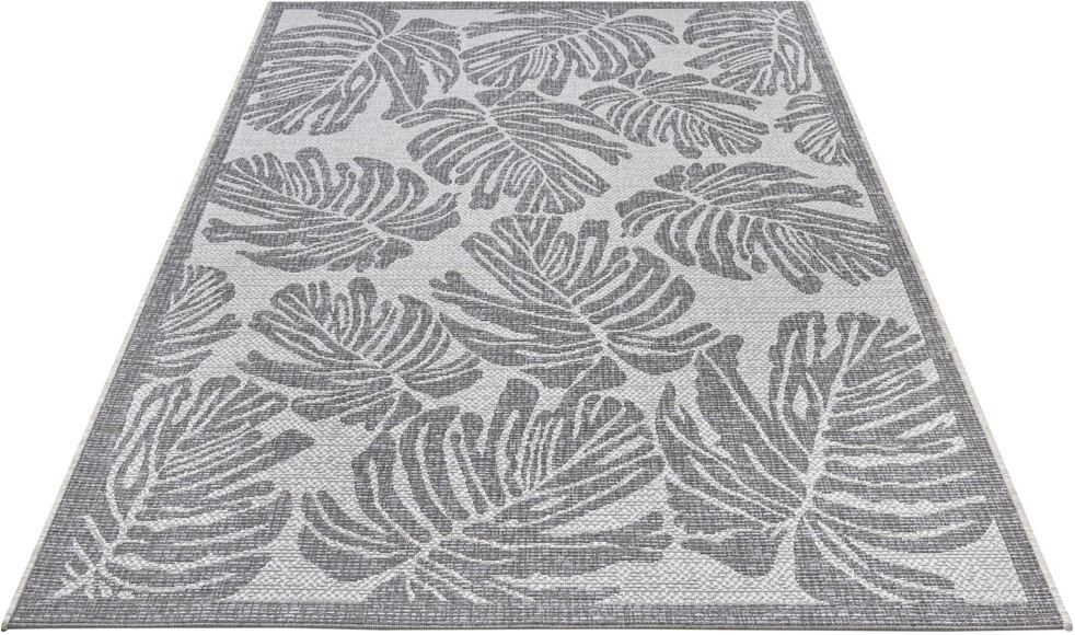 NORTHRUGS Teppich »Monstera«, rechteckig, 4 mm Höhe, Flachgewebe In und Outdoor geeignet, Florales Design, gekettelt, Wohnzimmer, Balkon, Terrasse, Garten, Robust, Pflegeleicht