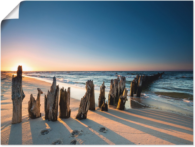Artland Wandbild »Sonnenuntergang Strand Wellenbrecher«, Meer Bilder, (1 St.), in vielen Grössen & Produktarten - Alubild / Outdoorbild für den Aussenbereich, Leinwandbild, Poster, Wandaufkleber / Wandtattoo auch für Badezimmer geeignet