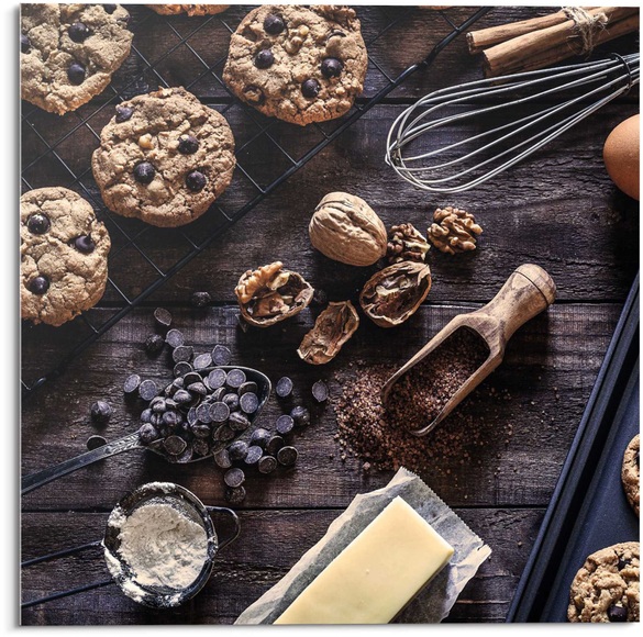 Reinders! Glasbild »Glasbild Köstliche Schokolade Cookies - Zutaten - Walnüsse - Backen«, Süssigkeiten, (1 St.)