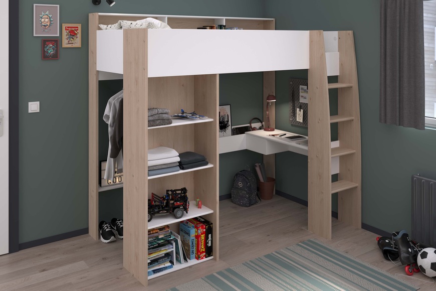 Parisot Hochbett »Shelter 11«, (1 St.), integrierter Schreibtisch, Leiter, Regal, Kleiderstange, Ablagen