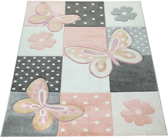 Paco Home Kinderteppich »Cosmo 220«, rechteckig, 12 mm Höhe, 3D-Design, Patchwork Muster, niedliches Motiv Schmetterlinge & Punkte, Pastell-Farben, Kinderzimmer