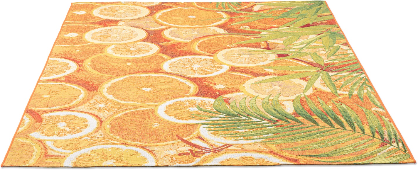 Sansibar Teppich »Rantum Beach 001«, rechteckig, 5 mm Höhe, Flachgewebe, modernes Sommer Design, Motiv Orangenscheiben und Palmenblätter, In- & Outdoor geeignet, Wohnzimmer