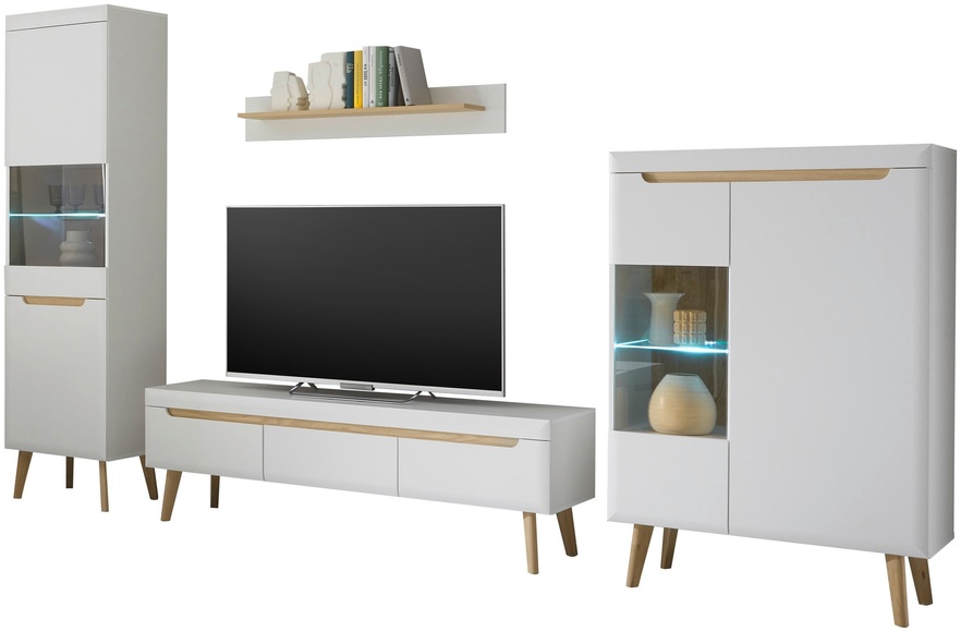 INOSIGN Wohnwand »Torge, Anbauwand, Schrankwand, Mediawand, Wohnzimmer-Set«, (Set, 4 St.), enthält 2 Vitrinen, 1 Lowboard, 1 Wandboard, 343 cm breit