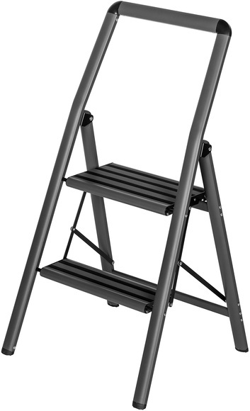 Wenko - Alu-Klapptrittleiter Compact 2-stufig Dunkelgrau, leichte & rutschfeste Haushaltsleiter, Sicherheits-Stehleiter