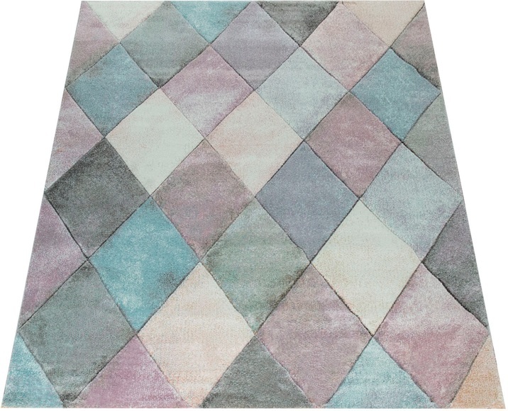 Paco Home Teppich »Lara 238«, rechteckig, 18 mm Höhe, Kurzflor, buntes Rauten Muster, Pastell-Farben, handgefertigter Konturenschnitt, ideal in Wohnzimmer & Schlafzimmer